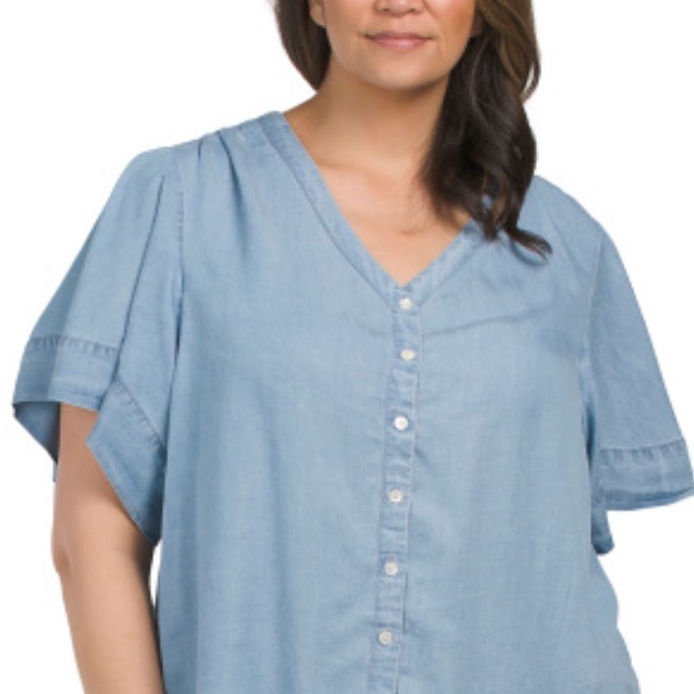 Workshop 1X Chambray Blue Button Front V-Neck Sho… - image 3